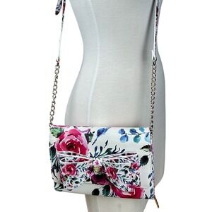 Betsey Johnson Floral‎ Print Crossbody Bag Clutch with Bow Gold Chain